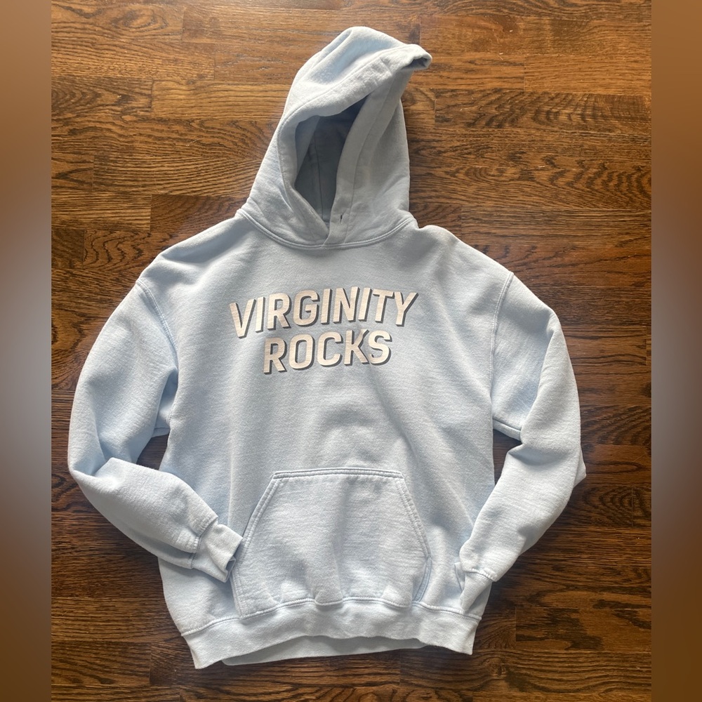 Virginity Rocks light blue hoodie men’s medium Danny Duncan